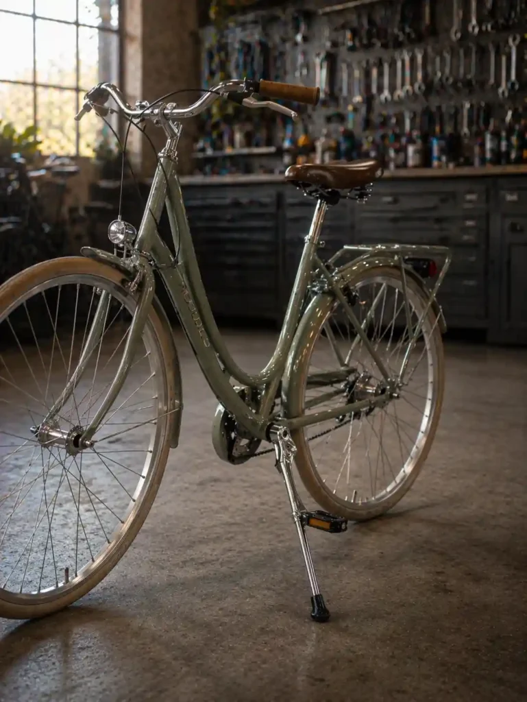 Vélo MODULO avec béquille latérale renforcée dans un atelier