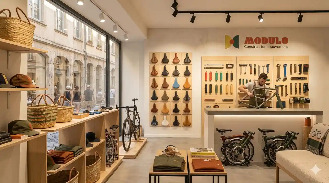Intérieur de la boutique atelier MODULO avec vélos et accessoires