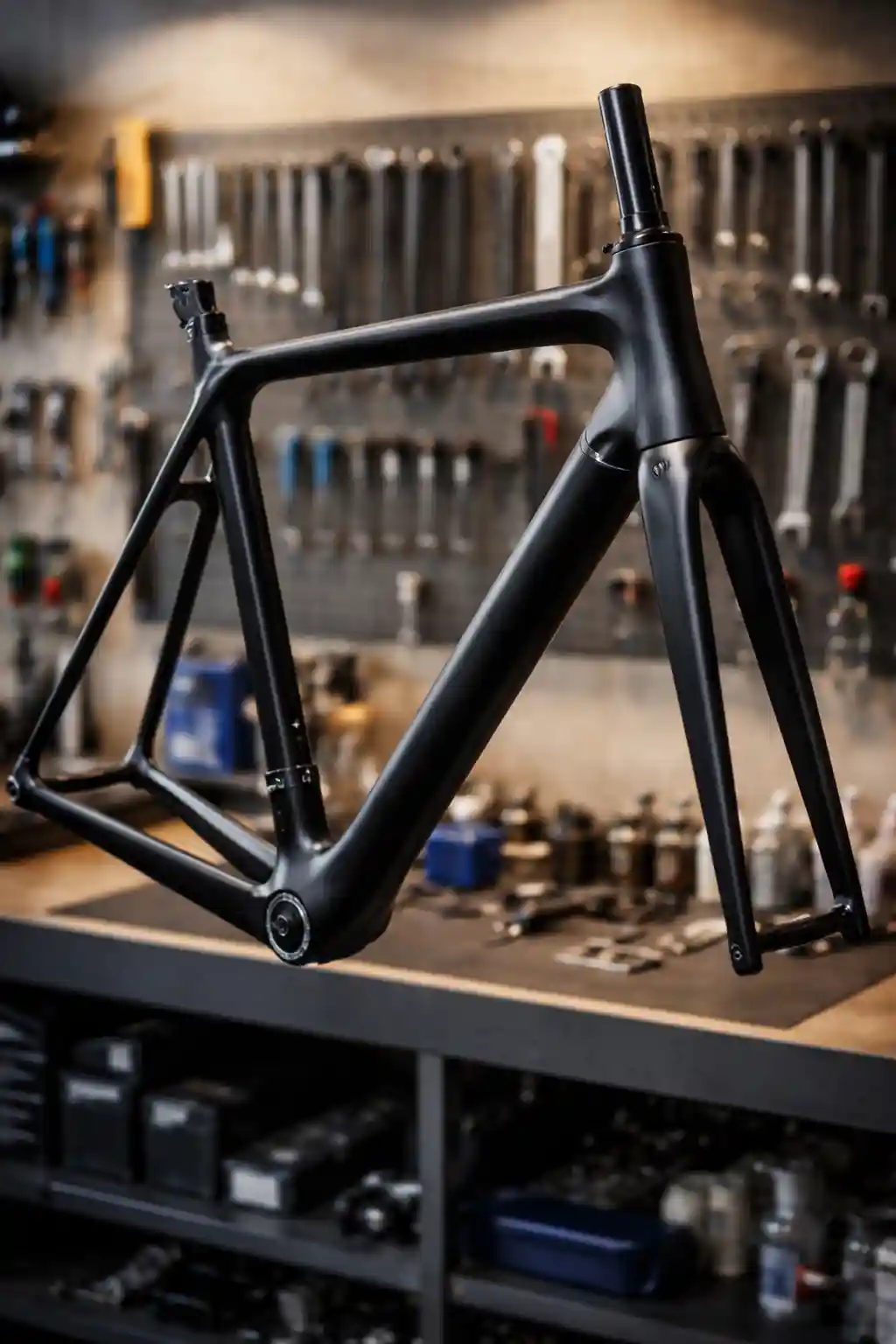 Cadre de vélo MODULO noir mat dans un atelier de réparation vélo
