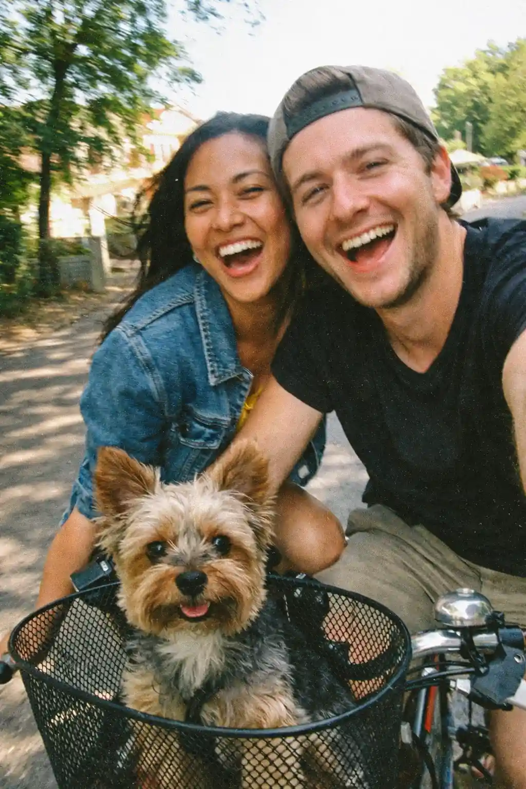 Couple à vélo avec un chien dans un panier avant