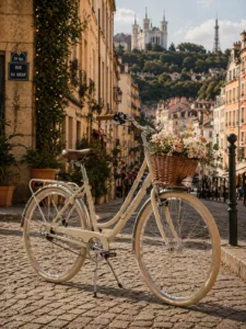 Vélo MODULO crème avec panier fleuri dans les rues historiques de Lyon