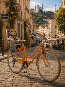 Vélo MODULO orange avec siège enfant dans les rues de Lyon